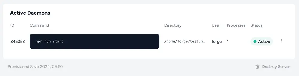 Created daemon with it’s ID in Laravel Forge