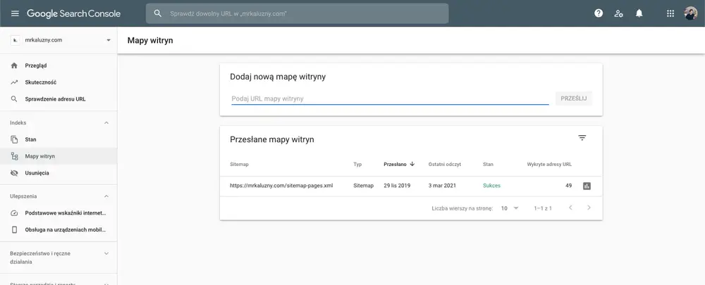 Search Console sitemap screen