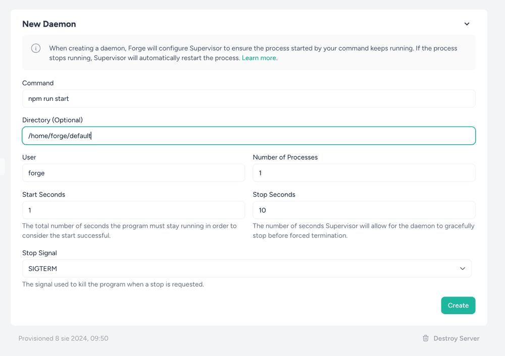 Creating daemon with Laravel Forge to run Remix application